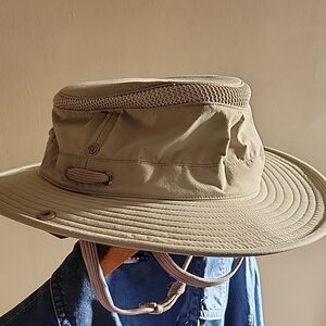 Green and Tan Safari Hat with Wide Brim and Ventilation